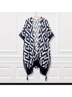 Geometric Print Open Front Kimono Tassel Edges Black White Women Beach Cruise